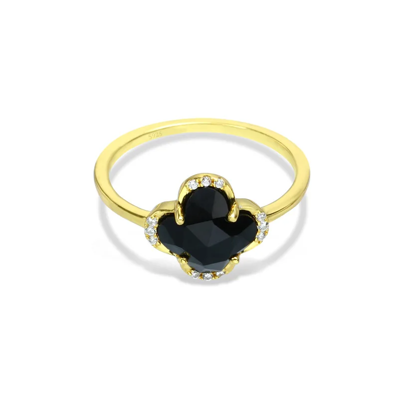 Lucky Four Leaf Clover White Zirconium Sterling Silver Gilt Gemstone Black Onyx Ring For Girls