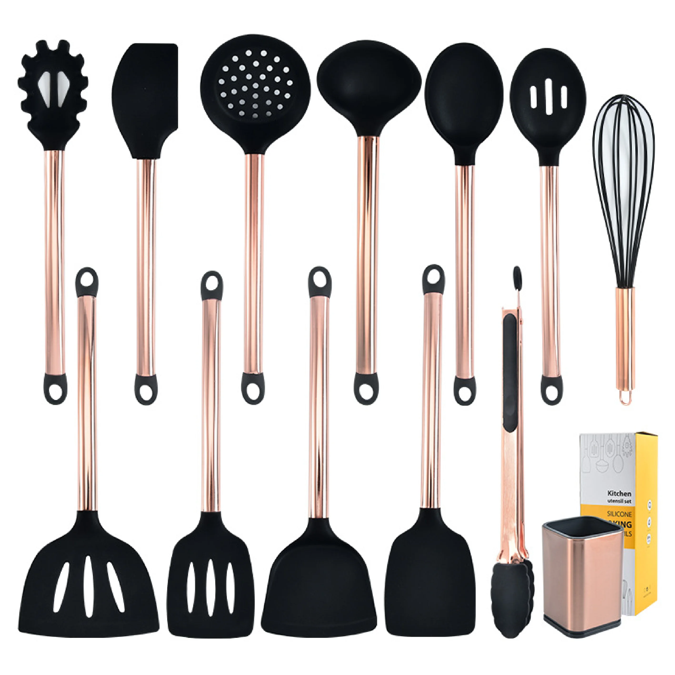 
Rose Gold Silicone Cooking Utensils Set with Holder, Nonstick Cookware Stainless Steel Handle Heat Resistant and Egg Whisk Tong 
