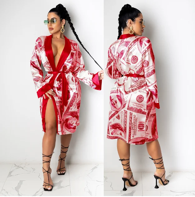 
High Quality Plus Size Satin Sleeping Kimono Robe money print clothing Hotel Silk Bath Robe for Women 