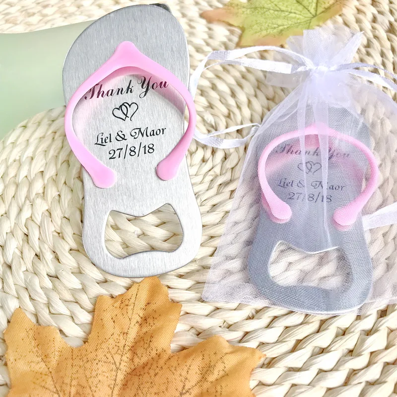 
Personalized Wedding Favors Flip Flop Beer Bottle Opener Slipper Beer Opener Print Names + White Organza Bag 