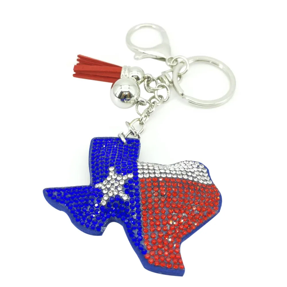 Custom Crystal Diamonds American USA Texas Flag Keychain Bling Purse Charm Backpack Key Rhinestone Puffy Keychain and bracelets