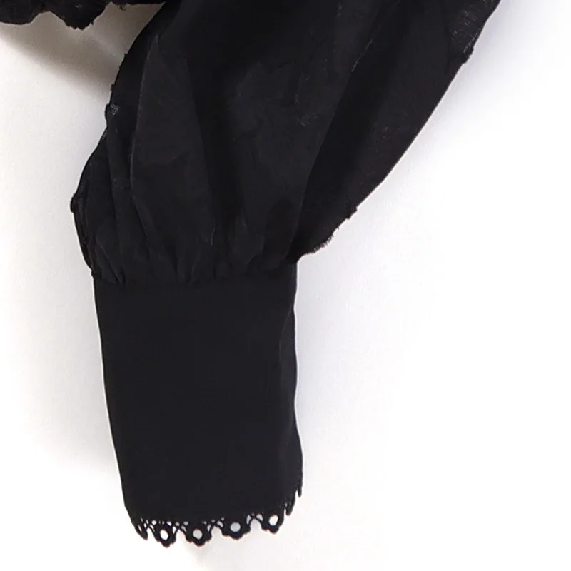 2022 Single-breasted standing collar lace women shirt long lantern sleeve black women blouse