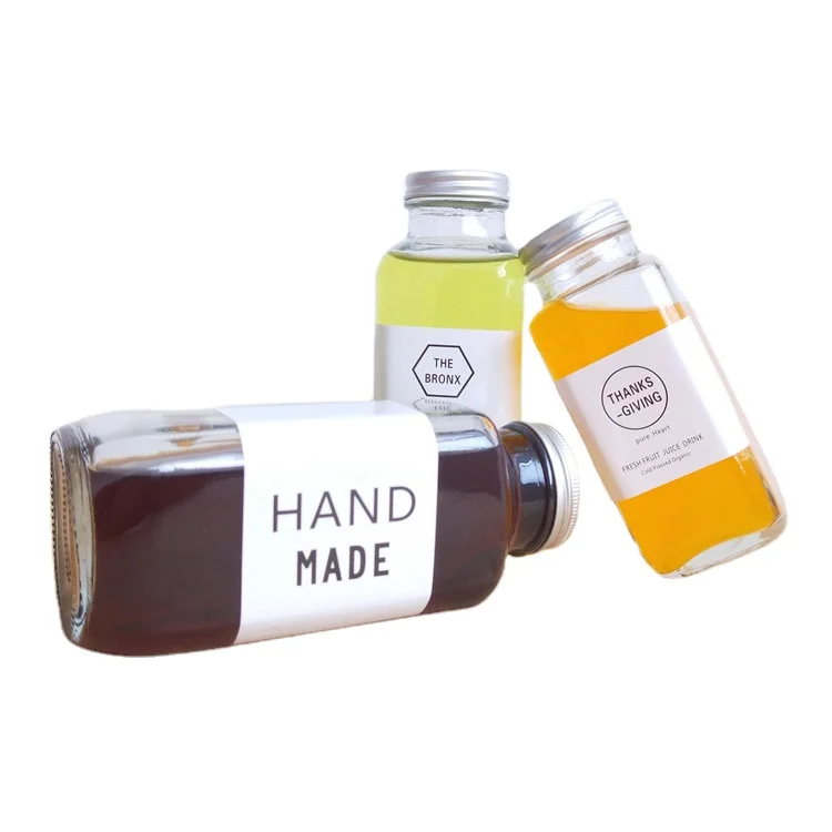 250ml Wide Mouth French Square Glass Bottle Kombucha Beverage Fruit Juice Glass Bottle