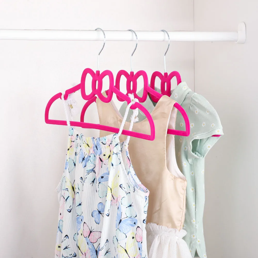 Velvet Hanger Manufacturer Pink Lovely Bow Shape Cute Velvet Kids Hanger for Cloths