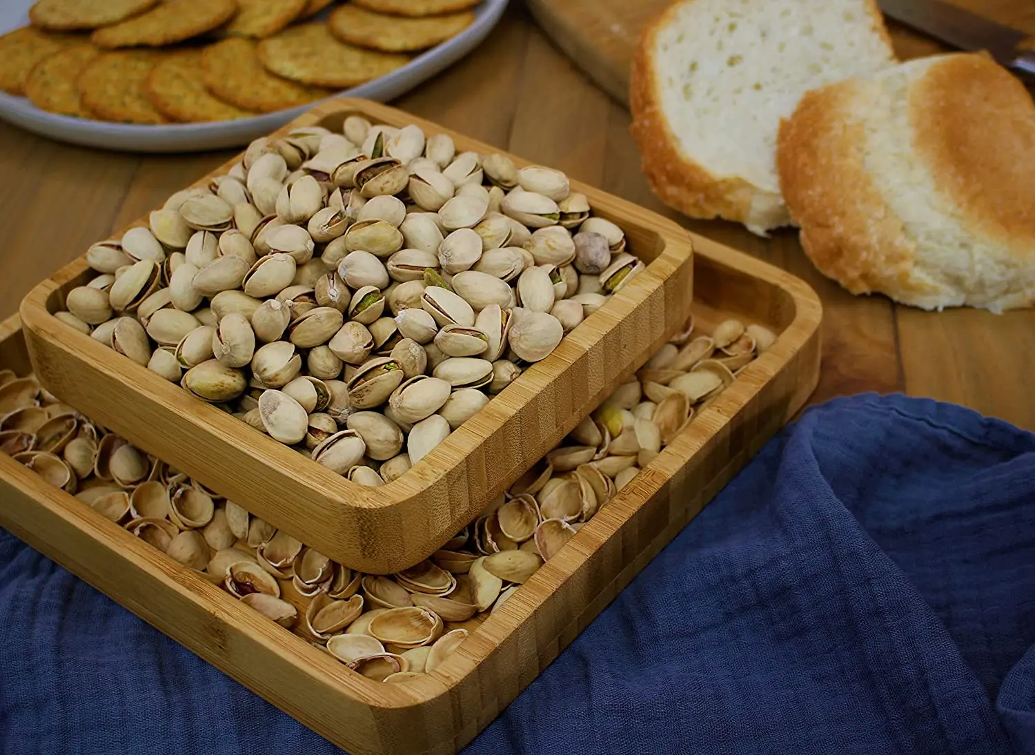 Bamboo Pistachio Snack Bowl Double Dish Holder Bowl Pedestal and Sunflower Seed Nut Bowl with Shell Storage tray