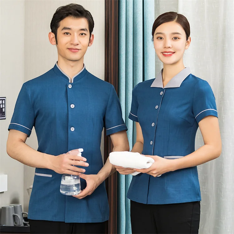 women logo custom hotel restaurant cleaner receptionist cleaning housekeeping staff working uniform short sleeve shirt shirts