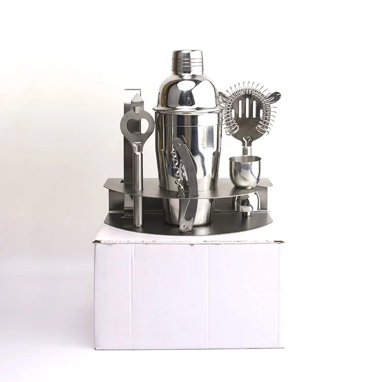 High Quality Cocktail Shaker Set Stainless Steel 7 Pieces Bartender Kit with Round Display Stand