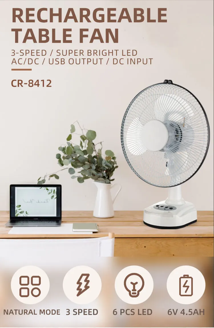 Hot selling 12 inch AC DC electric 4500mAh  Rechargeable solar Table Fan oscillating desk fan with LED night light for Office