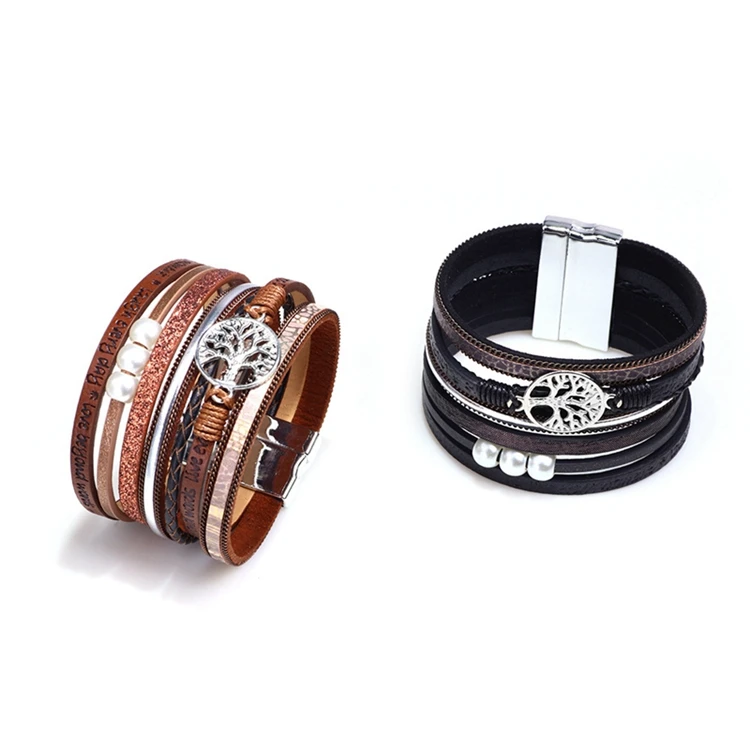 Wholesale Charm Pearl Tree Of Life Wide Magnetic Buckle Clasp Women Multilayer Wrap Leather Bracelet Jewelry For Ladies