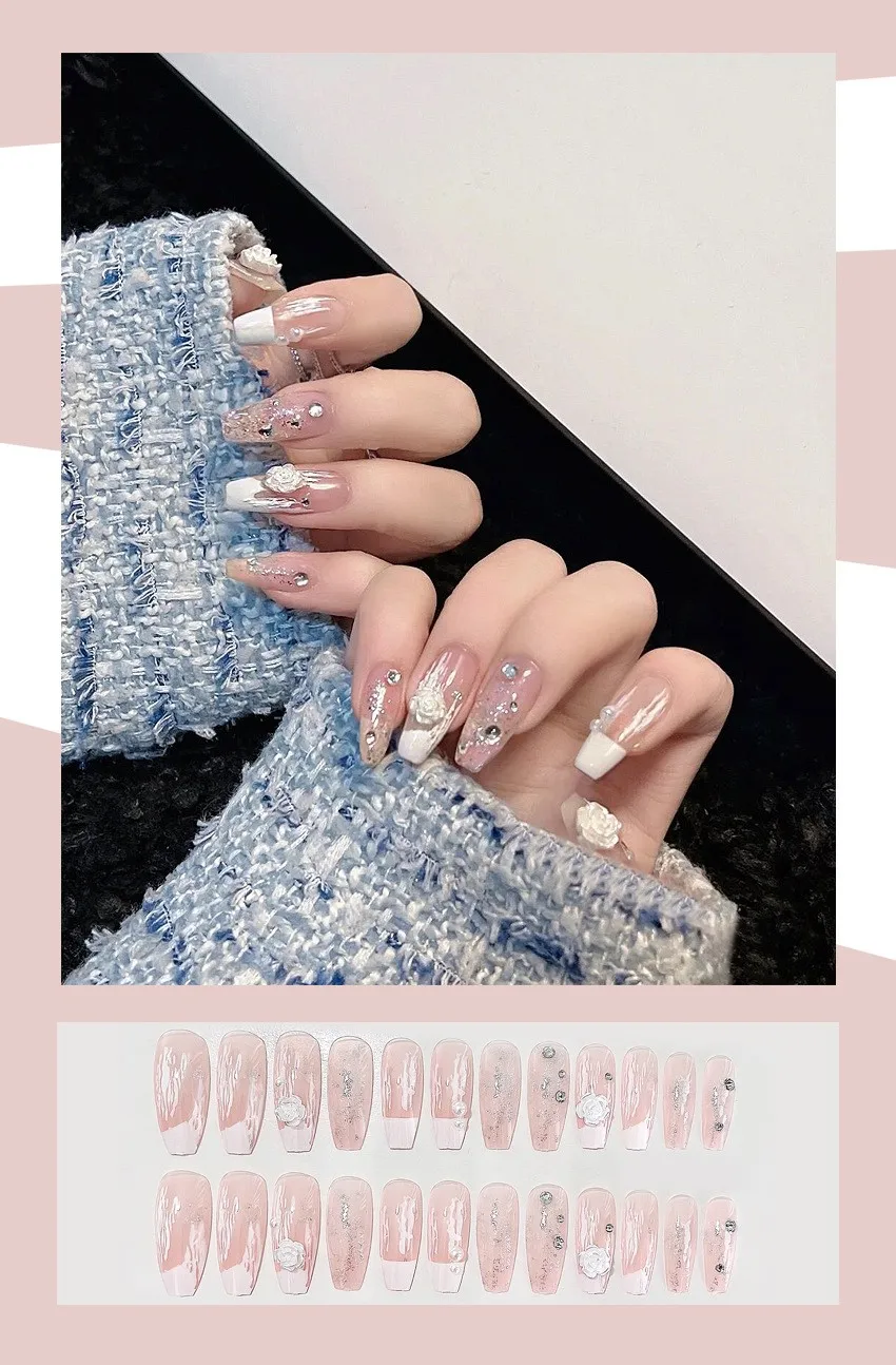 Y41 wholesale 3D honey flower fake nails tips artifical fingernail tips pearl flash powder press on nail custom back glue nails