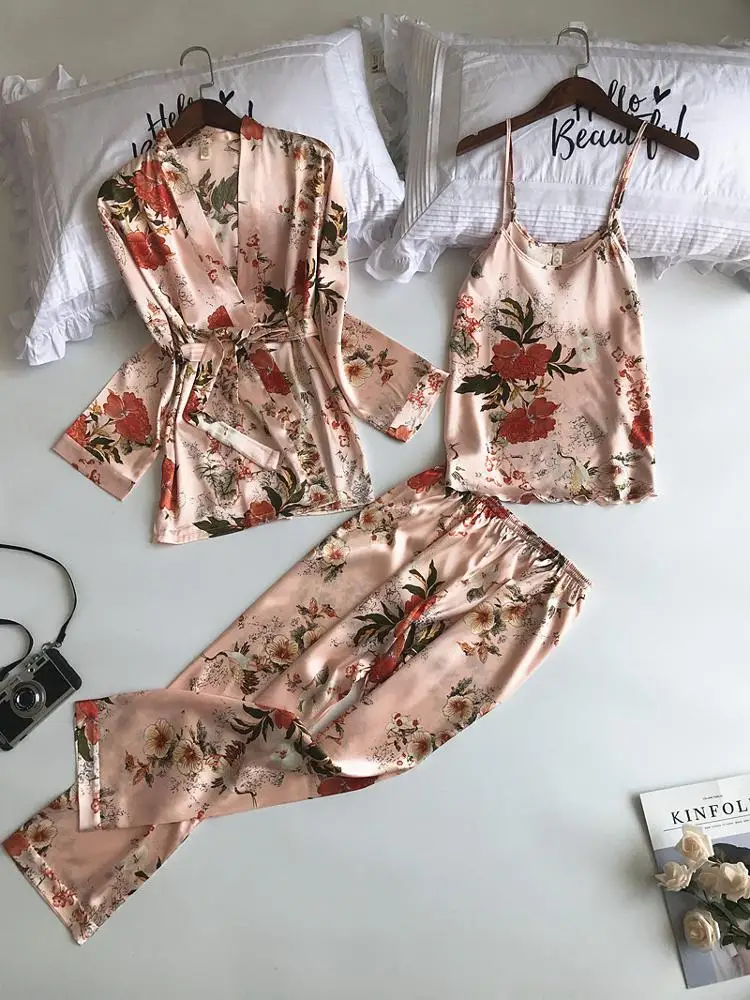Custom 3 Pcs Printing Women Robe Sets Spaghetti Strap Cardigan Pant Set Sexy Fashion Female High Quality Pajamas
