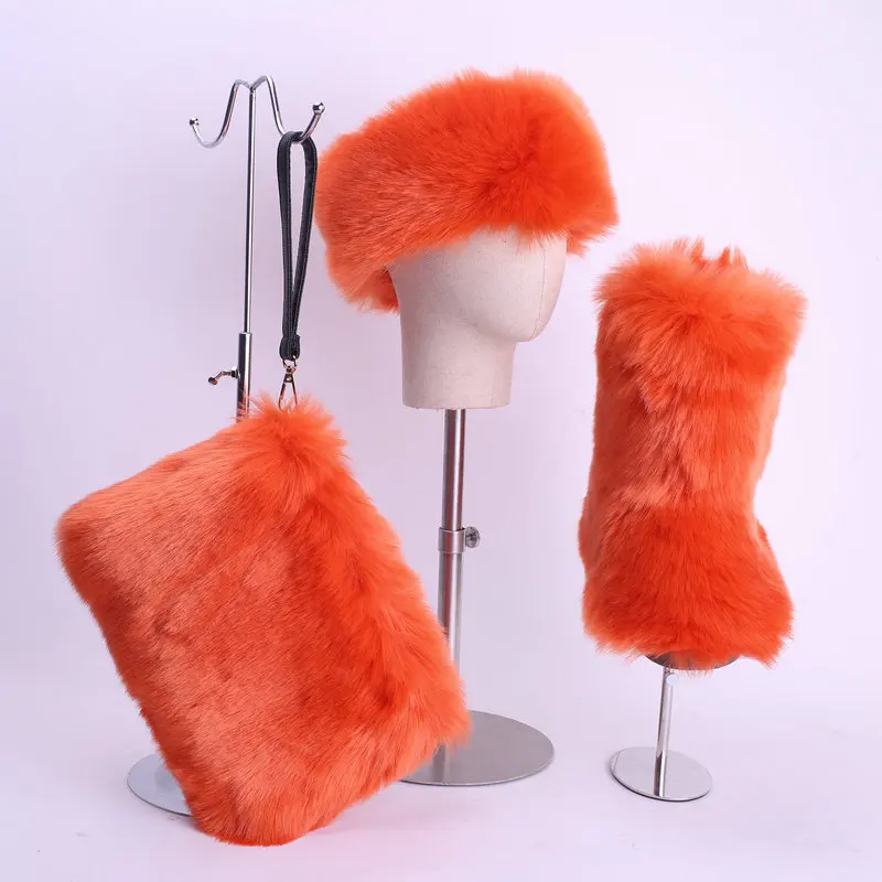  EB-2021Wholesale модные дизайнерские Разноцветные теплые комплекты с искусственным лисьим мехом; Женские зимние ботинки на меху соответствующей меховой повязкой голову; Сумочка
