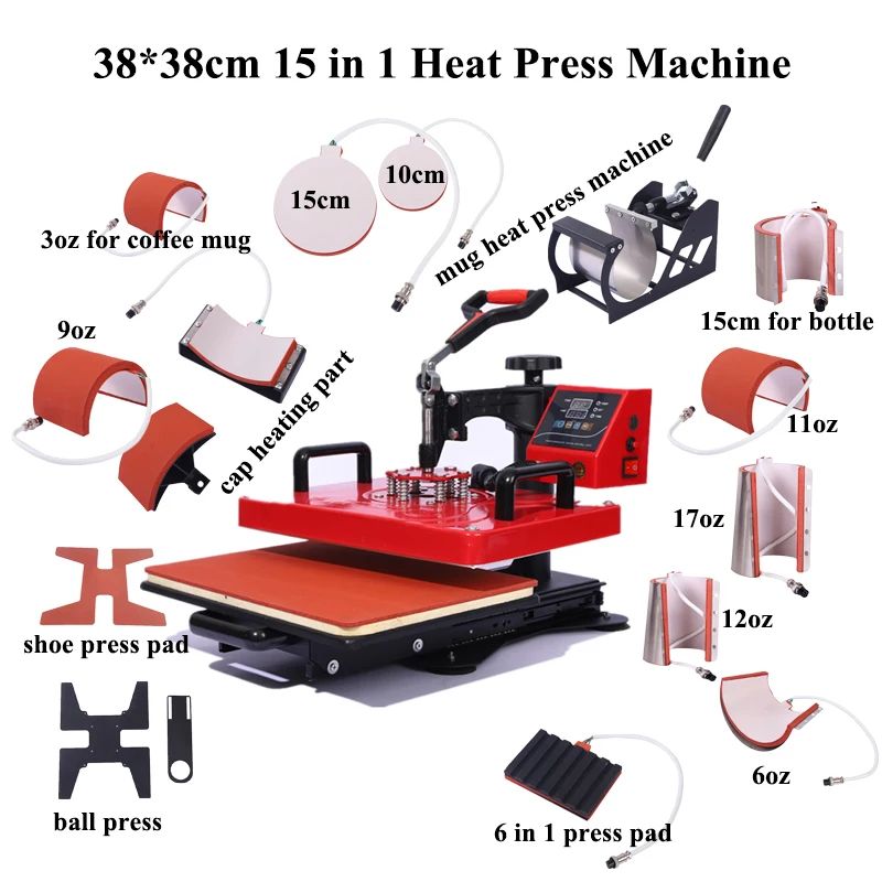 Hot Sale 15 in 1 38 *38cm Sublimation Heat Press Machine for T-shirt Cap Mug Cups Tumbler Pen Plate Ball Shoes