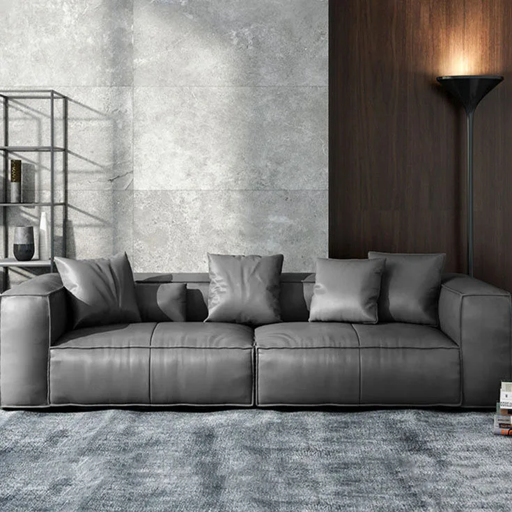 Italian tofu block, down leather sofa modern minimalist living room Nordic solid wood four -person leather cowhide sofa