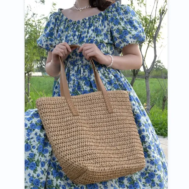 2023 wholesale summer paper straw beach tote bag women handbag handmade woven shoulder basket crochet bags