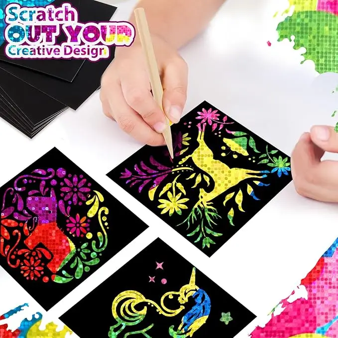 Rainbow Scratch Paper Sets Magic Art Craft Stuff Supplies Black Drawing Pad For Children