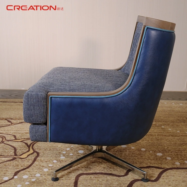 Cheap Hotel Furniture Italy Star Hotel Project Stainless Steel Base Rotating Deep Blue Genuine Leather Sofa Chair For Hotel