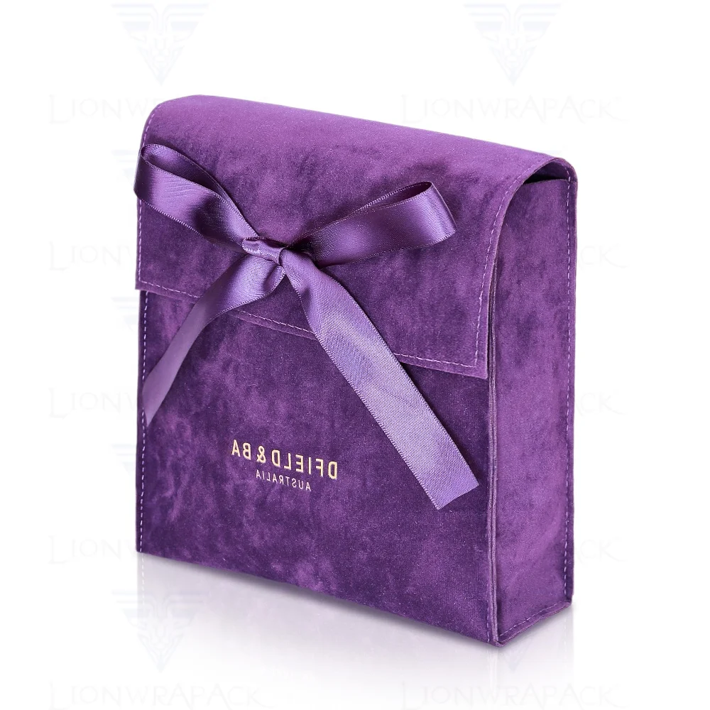 Luxury Custom logo envelope flap velvet jewelry Bikini packaging bag bow-knot purple suede cosmetic perfume pouch