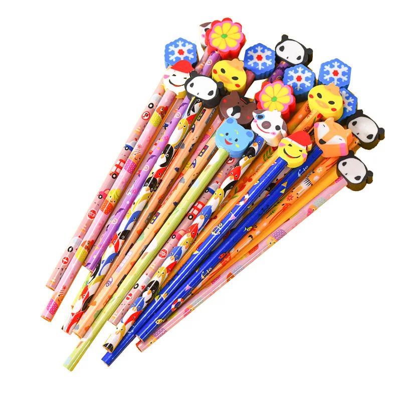 Wholesale festivals gifts Cartoon Wood Pencil Cartoon Eraser Topper Pencils kids Personalized cute HB Pencils