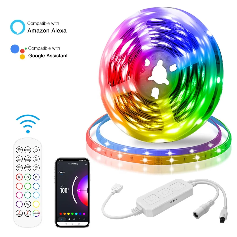 
5M DC12V Tuya IP20 Wifi Remote Control Smart LED Flexible Neon Strip Light RGB Color Changing Compatible With Alexa Google Home 