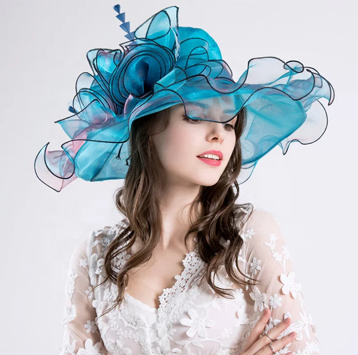 Western Style Wide Brim Women Church Kentucky Derby Fascinator For Tea Bride Dress Organza Mesh Party Wedding Hat