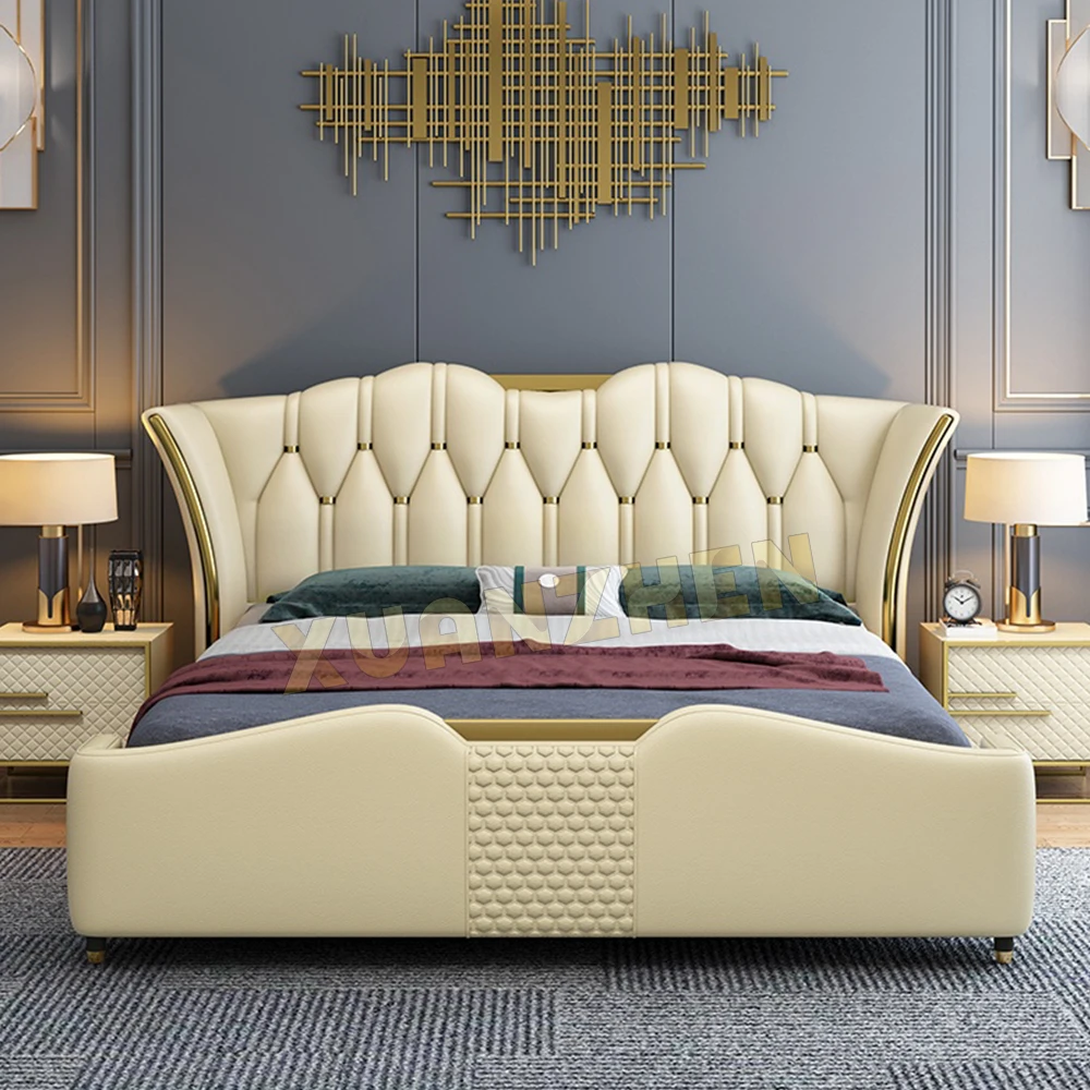 Bedroom furniture queen size luxury leather bed set royal design beautiful golden bed frame metal modern beds Y-X07