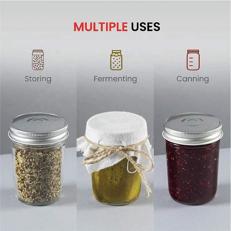 Custom empty clear 8oz wide mouth glass mason jars short in bulk for caviar Baby Food jam with metal lid