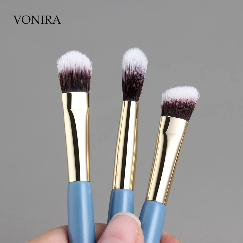 Vonira Beauty Professional Matte Blue Handle Golden Ferrule Makeup Brushes Set 9PCS Synthetic Short Cosmetic Brushes Gift Kit