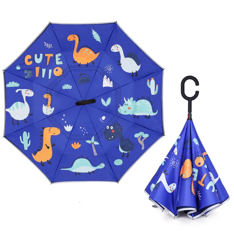 Cute cartoon animal print small reverse umbrella c shaped handle reverse compact umbrella with reflective strip for kids