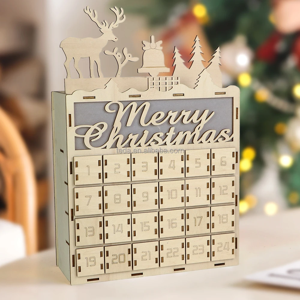 Christmas Countdown Calendar Box Desktop Decoration Wooden 24 Day Countdown Pendant