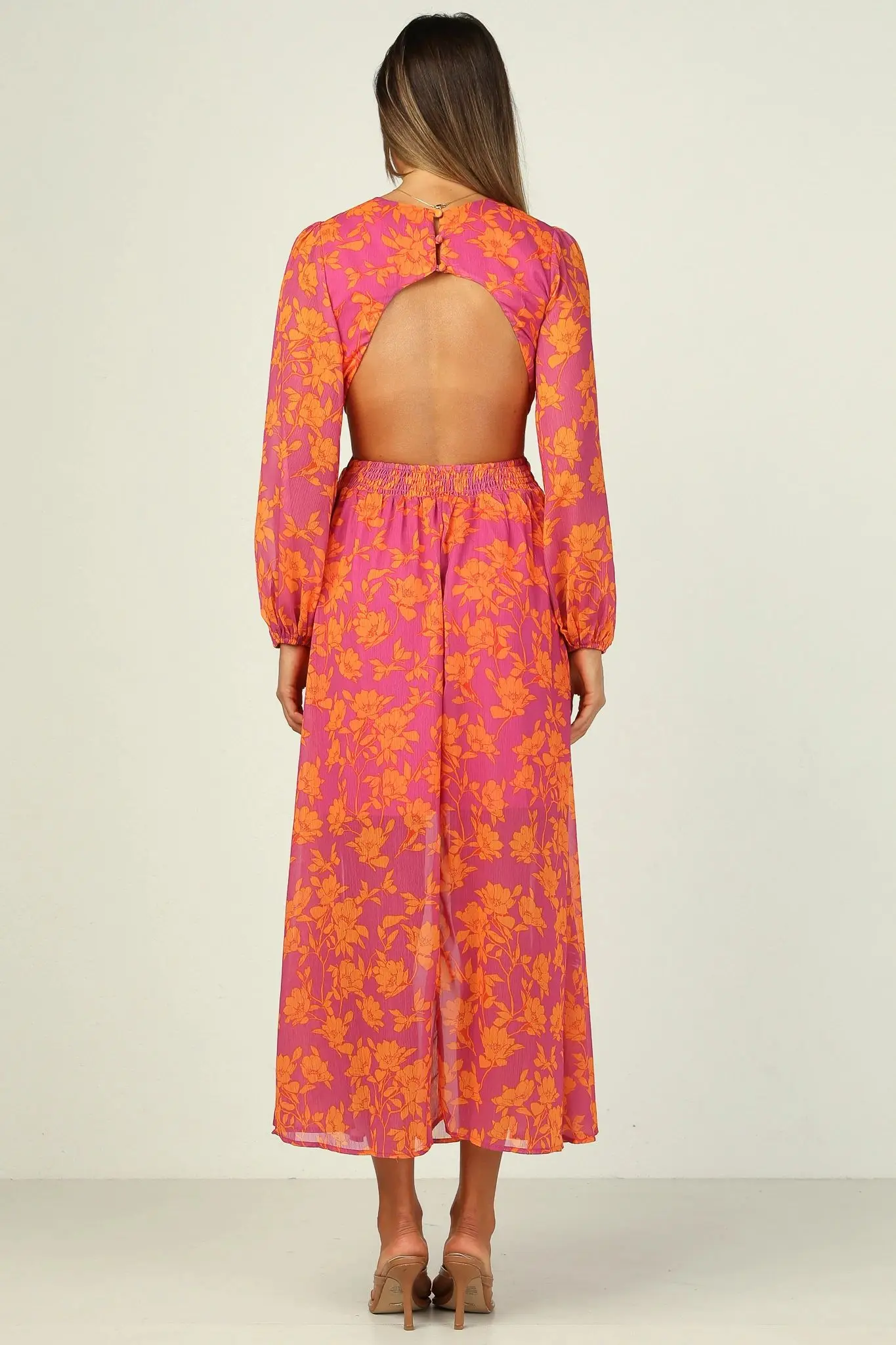 Spring Summer long sleeve backless cut out floral print chiffon dress