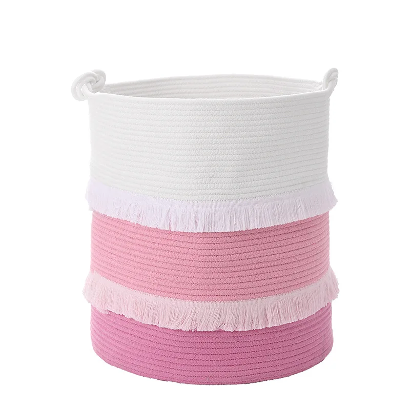 Large Woven Storage Baskets Cotton Rope Decorative Pink Hamper Cute Tassel Nursery Decor for Baby & Girl