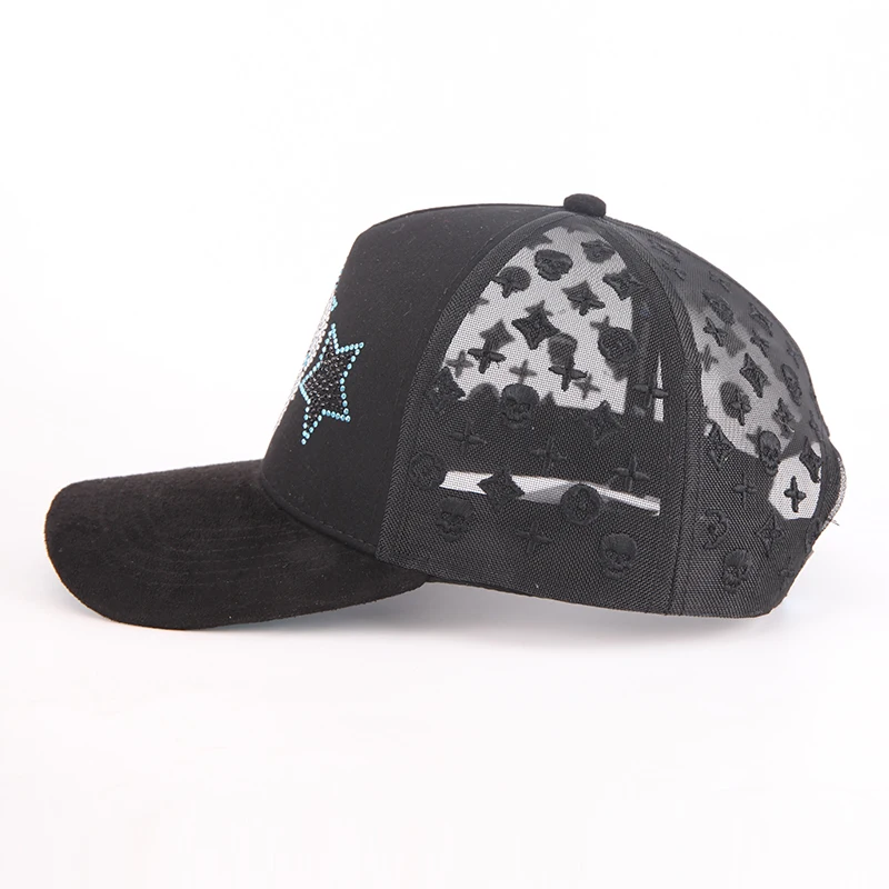 Custom high quality full embroidery logos on the mesh shiny rhinestone trucker hat cap