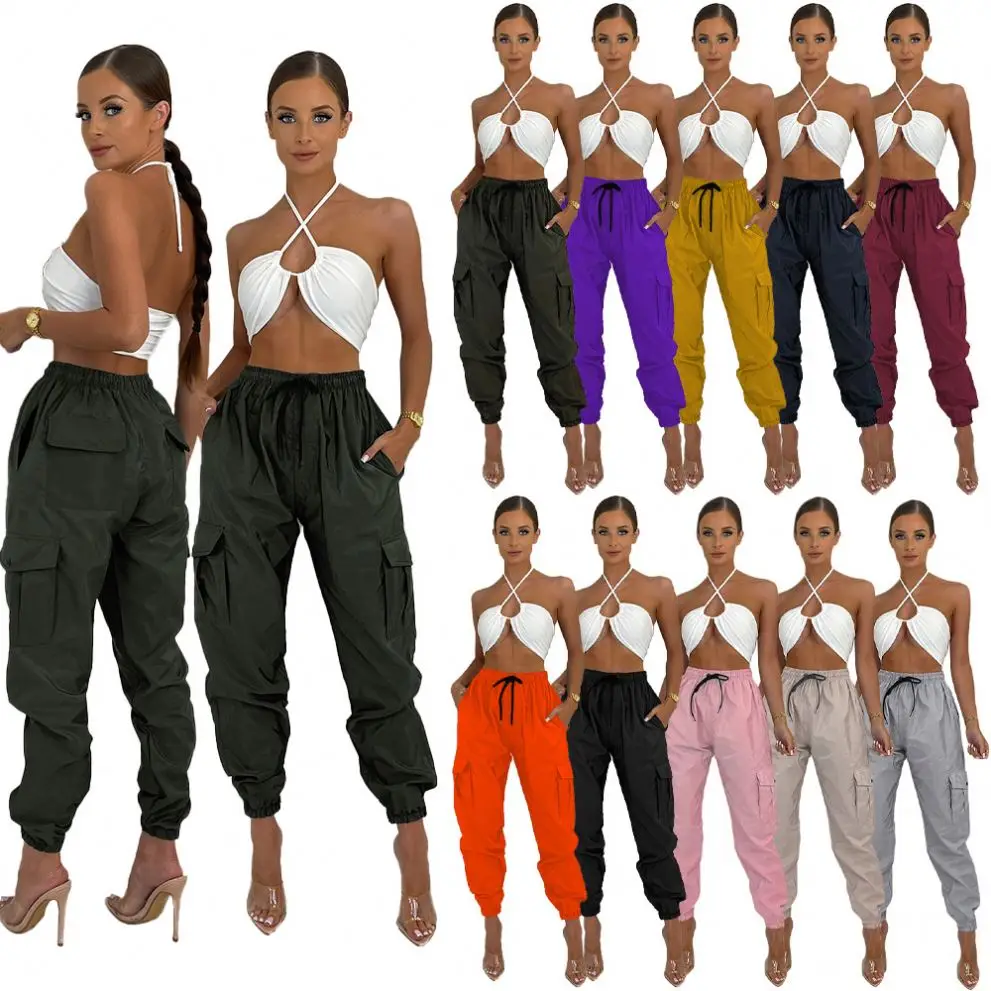 S976L Solid color slacks with neutral overalls and waist pockets for women fashion clothing