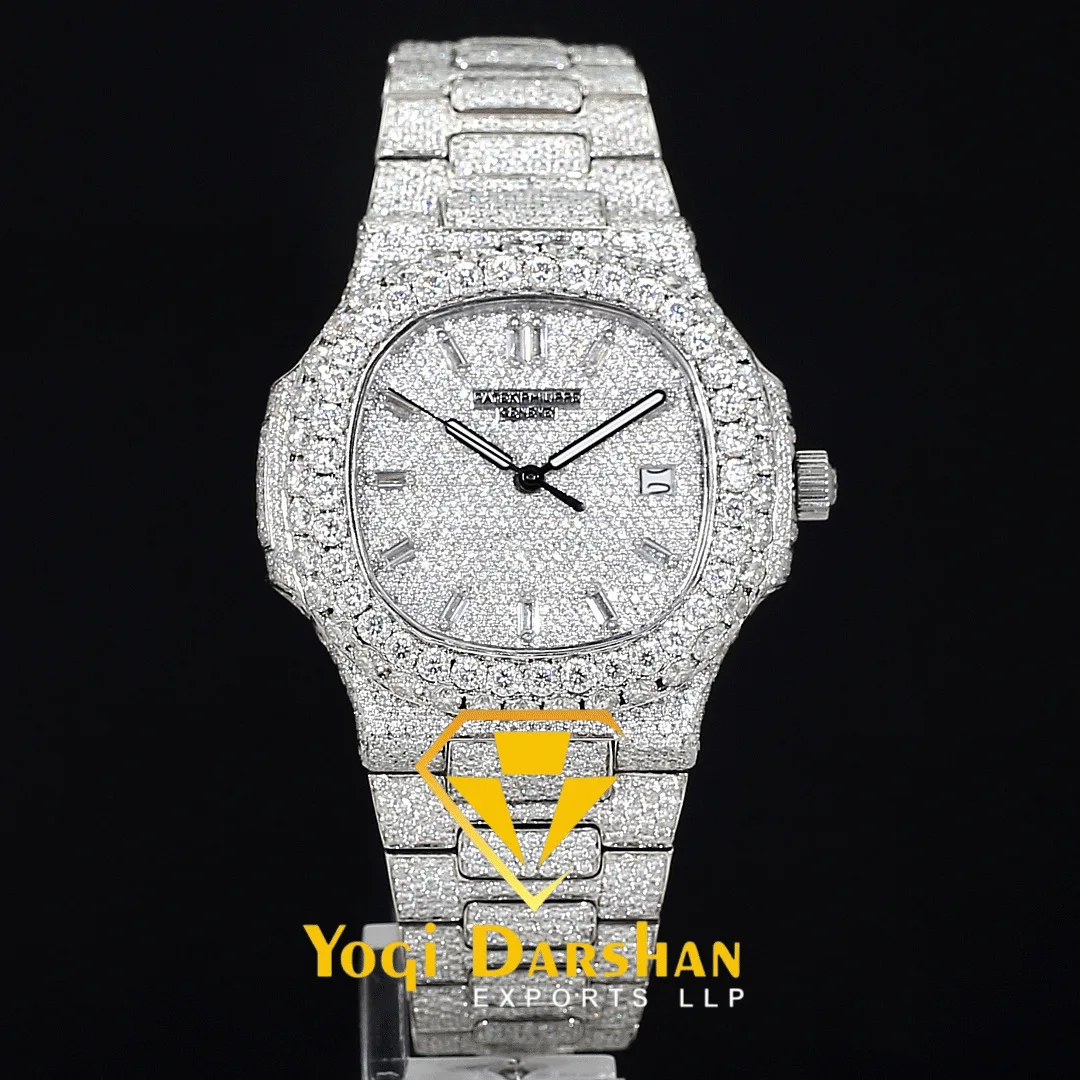 Unique latest stainless steel bling diamond strap hip hop wrist watch in lab grown luxury diamond for mens trendy fashion