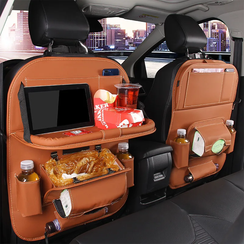 Multi-functional Car Waterproof PU Leather Backseat Foldable Car Back Seat Organizer with Tray Table