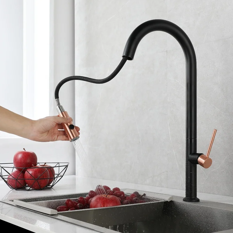 Luxury Rose Gold Mixer Tap Spring Kitchen Faucet Pull Out Sprayer Polished Single Hole taps