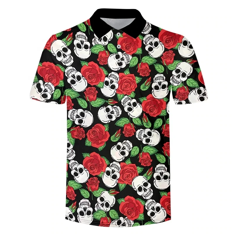 Custom Full Over Sublimation Printing Rose Flowers Skull Pattern Polo Shirts Summer Casual T-shirts Polyester Men Polo Shirts