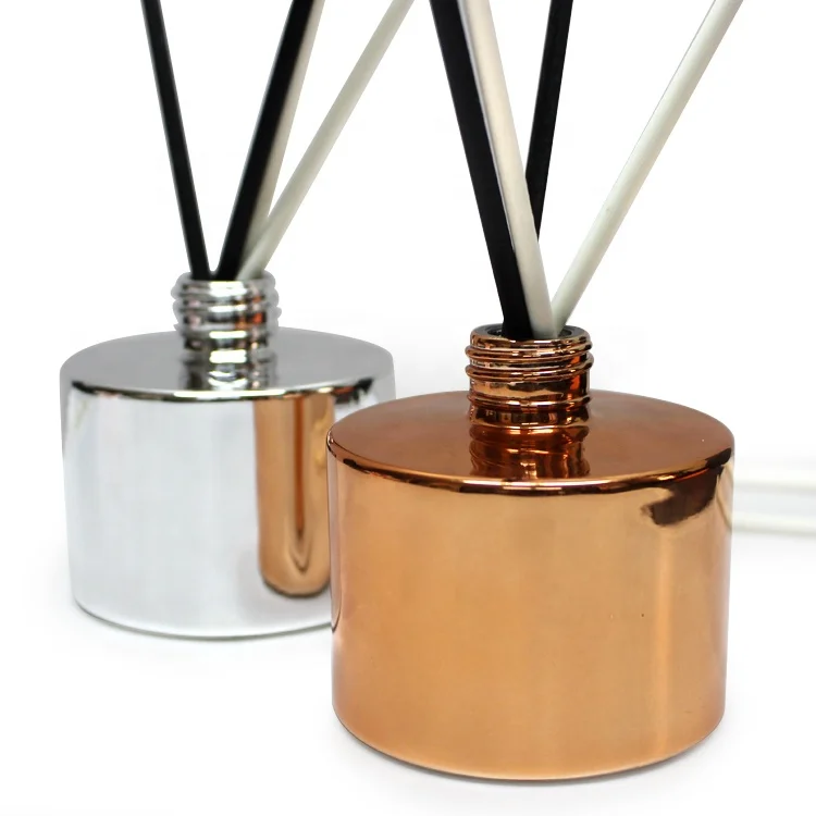 LANGXU unique electroplating rose gold silver cylinder round glass crystal diffuser bottle with screw lids