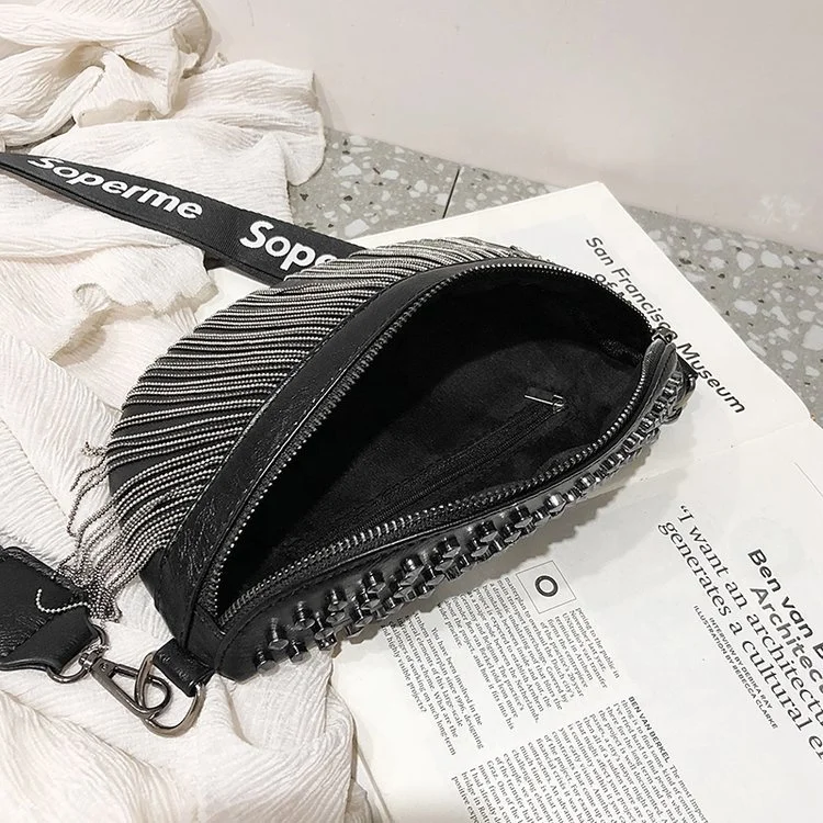 
Single-shoulder cross-body bag Joker tassel bag web celebrity with rivet wide band bag women purses 