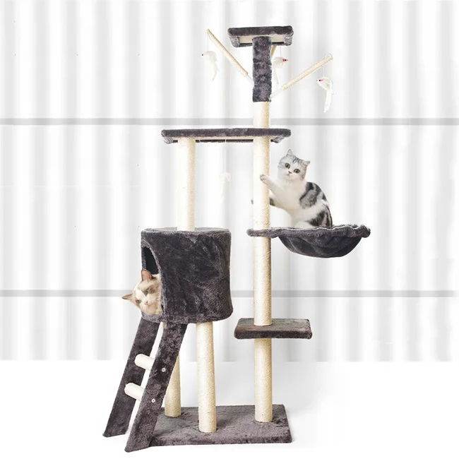 Cat Play House Bed 5 Levels Platform Sisal Scratching Posts Climbing Cat Tower Furniture Kitten Cat Condo Tree With Furry Toy