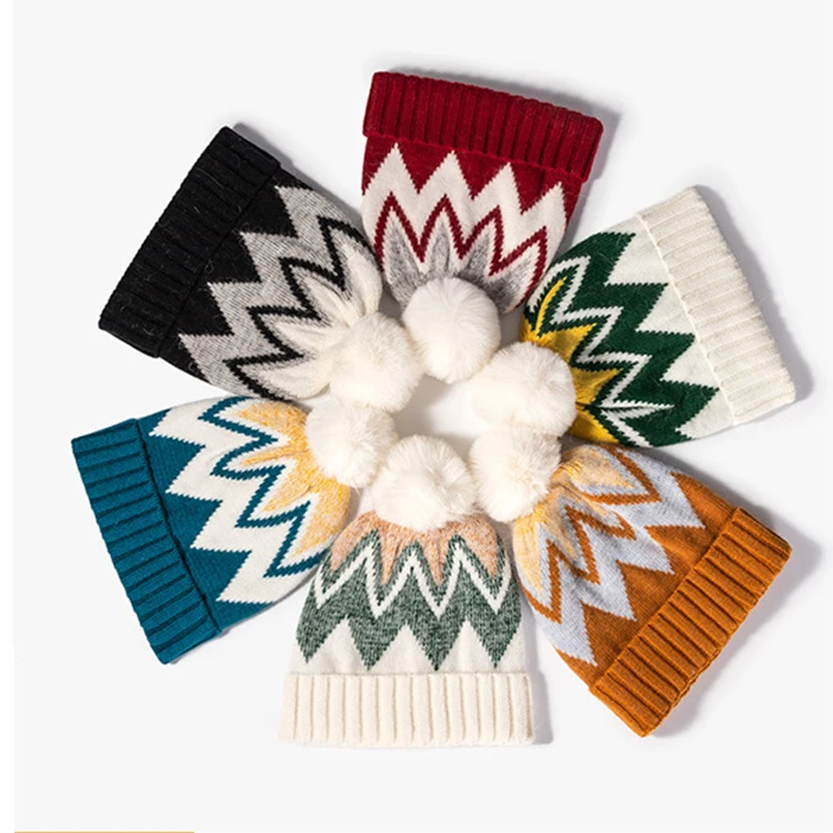 Wholesale winter warm Custom acrylic Knitted jacquard embroidery patch logo Toques Pom Pom Knit bobble Beanie Hat for men women