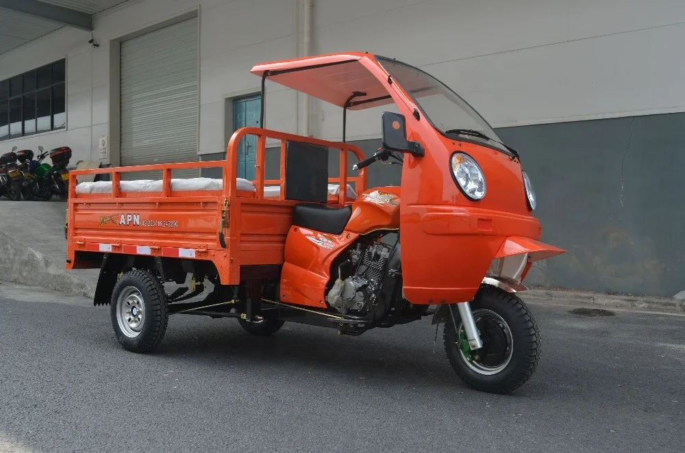 motorized gas powered three wheel cargo tricycle with passenger seats with semi-closed cabin for adult to sell