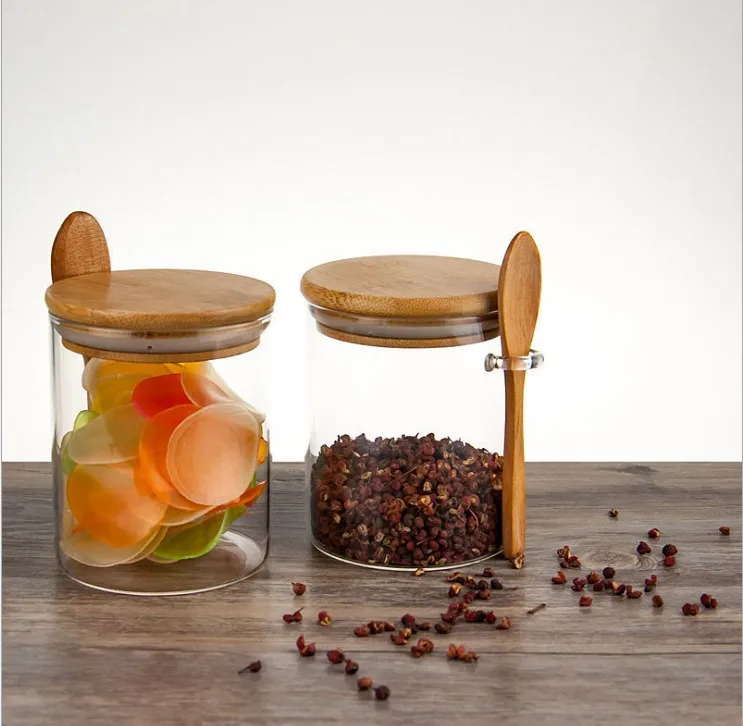 Glass Spice Jar With Bamboo Lid Glass Kitchen Jar Set for Spices, Herbs, Seasoning jars 3 pcs set with bamboo lid