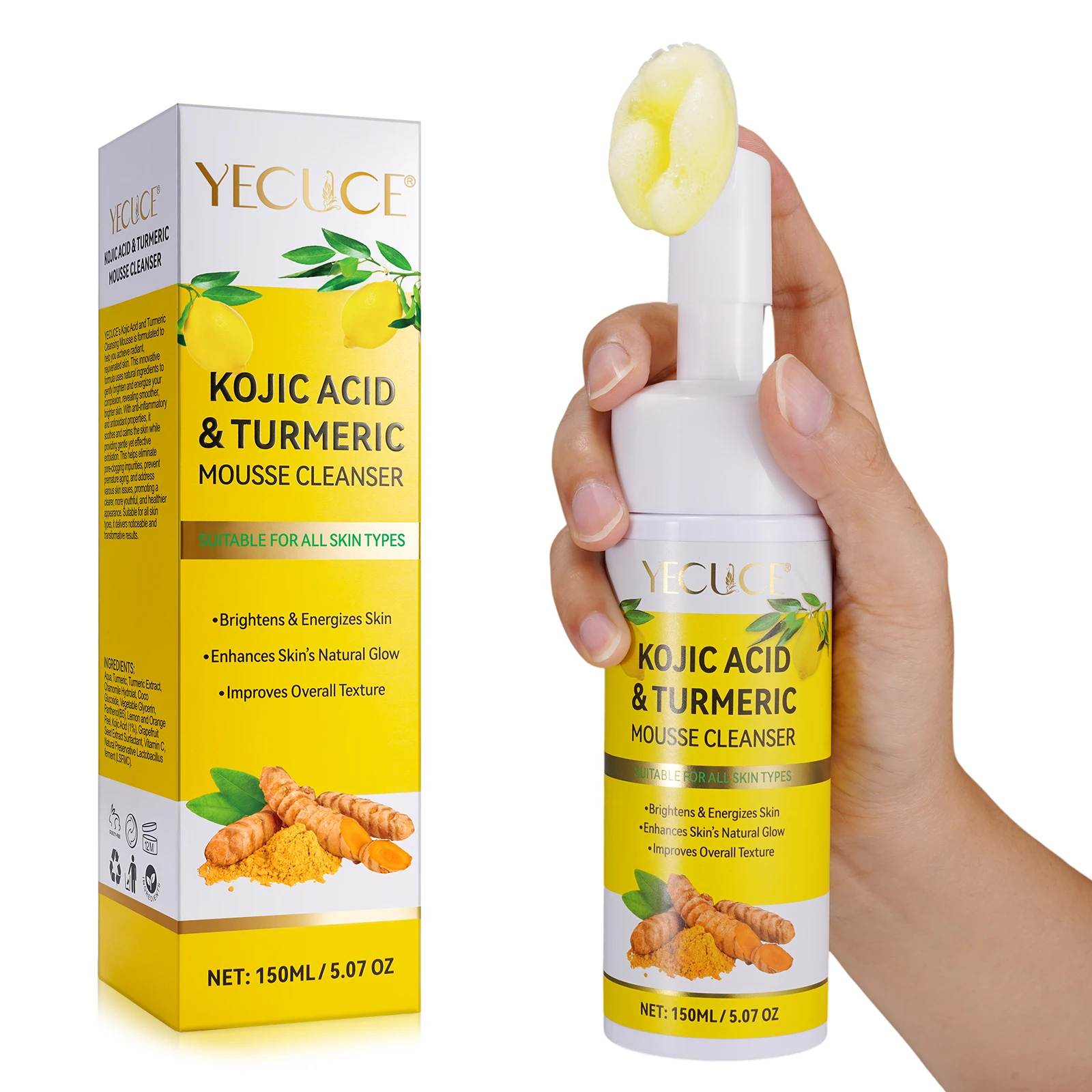 Private Label Face Wash Acne Pimple Dark Spot Removal Deep Cleaning Facial Whitening Kojic Acid Turmeric Facial Cleanser Mousse