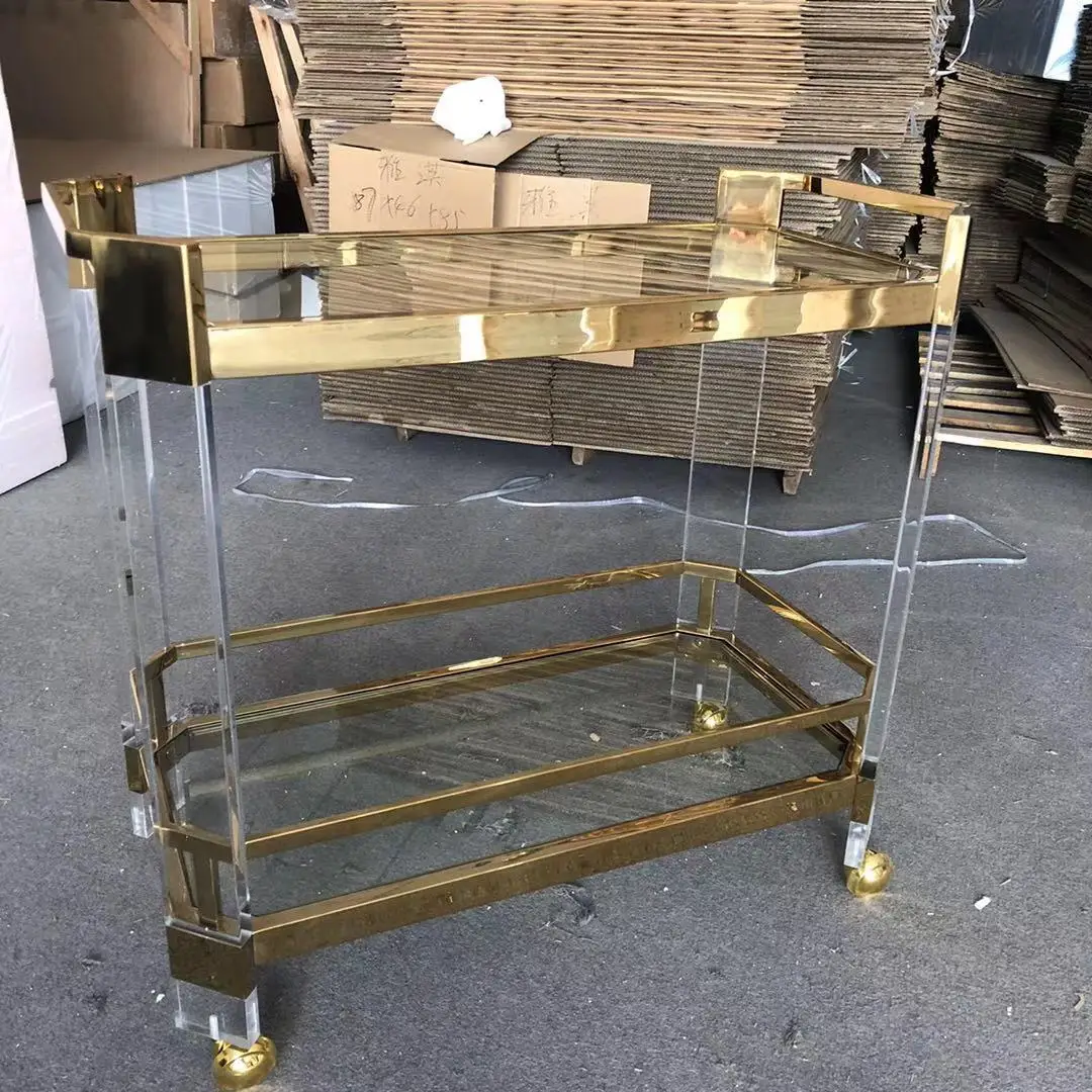 Metal Glass Serving Wine Food Catering Drinks Serving Trolley Bar Cart Luxury Gold Hotel Wine Trolley