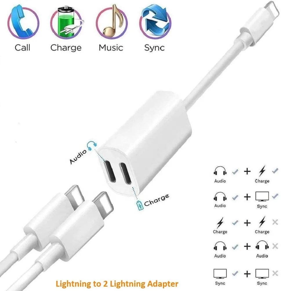 2 in 1 Adapter Splitter Cable Dual For IOS Audio Earphone Charger Headset Fast Charging For iPhone 11 Pro X XS Max XR 7 8 Plus