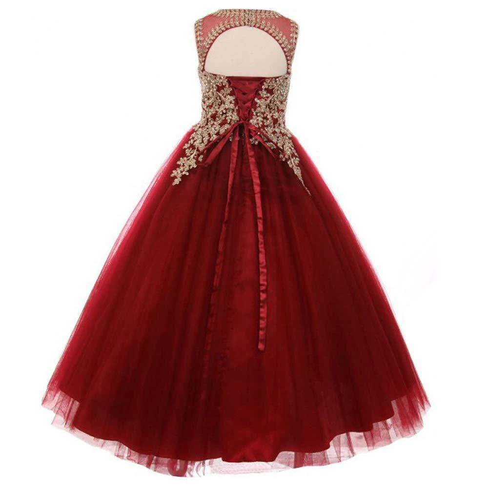 Wholesale Kids Evening Red Gown Girls Dress Wedding Party Children Long Backless Wine Gowns Baby Dressing Tulle Princess Dress