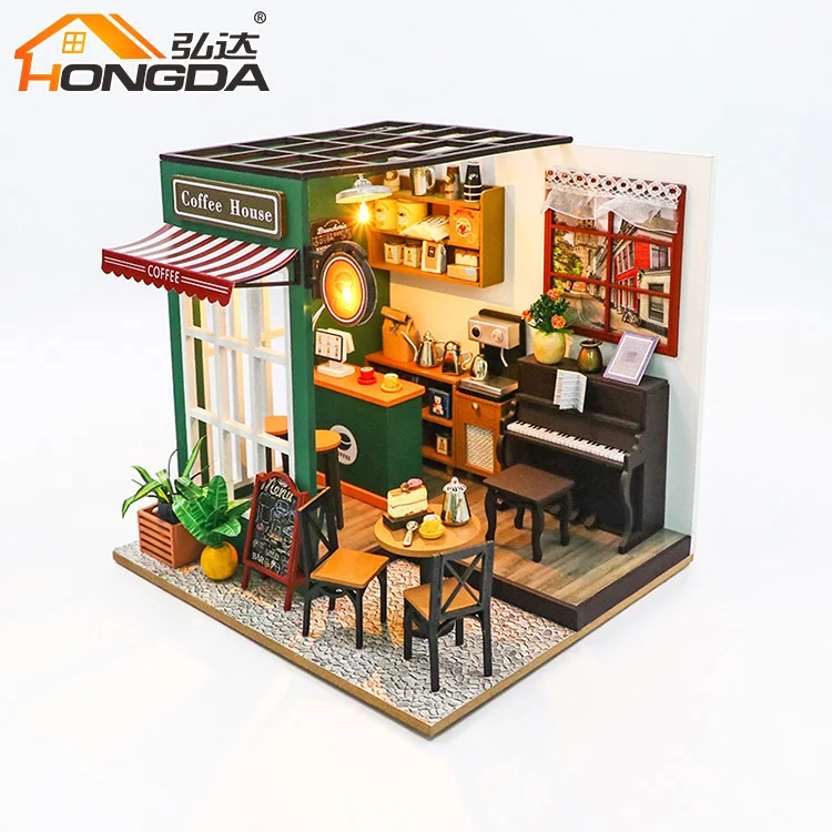 2024 Hongda PC2311 Afternoon cafe mini dollhouse kit wooden dollhouse diy miniature doll house with light