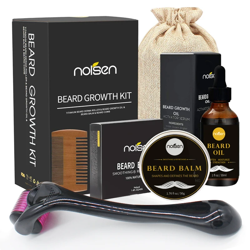 2022 New Men Beard Care Oil Growth Kit Brush and Comb Trimmer Roller Mens Grooming Balm private label organic wooden set